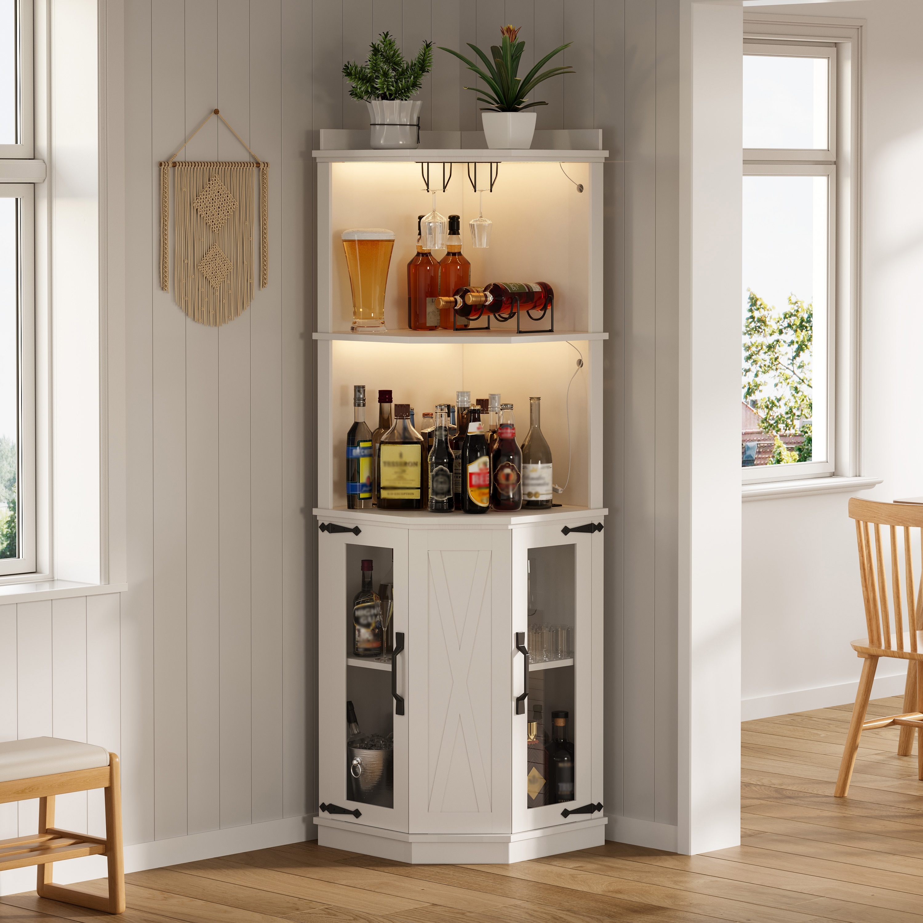 67.3" Corner Kitchen Bar Cabinet Farmhouse Wine Bar Cabinet with Power Outlet, LED Lights, Glass Rack & Adjustable Shelves
