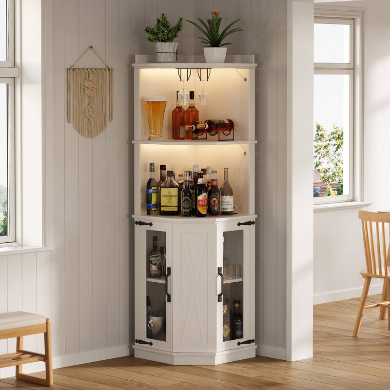 Anmytek 67.3 Inch Corner Bar Cabinet Farmhouse Wine Bar with Power Outlet Lights Glass Rack Adjustable Shelves - White