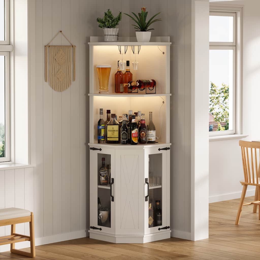 Farmhouse 67.3" Corner Wine Bar Cabinet with Power Outlet and Adjustable Shelves