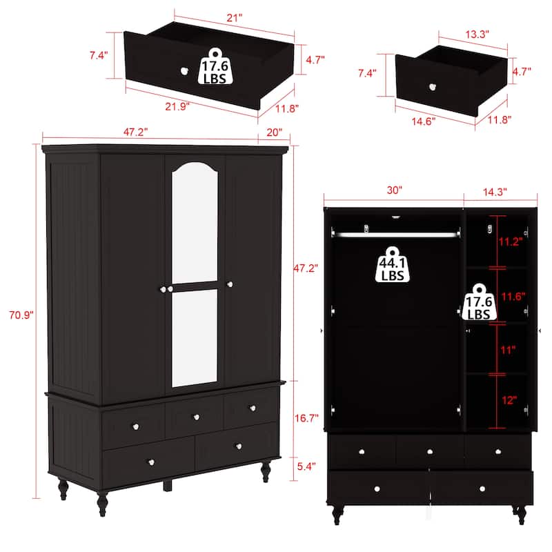 3-Door Wardrobe Armoire with Mirror, 70.9" Tall Freestanding Closet Cabinet Storage Wardrobe for Bedroom