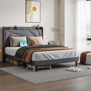 King Bed Frame with Diamond Button Adjustable Headboard, Light Grey ...