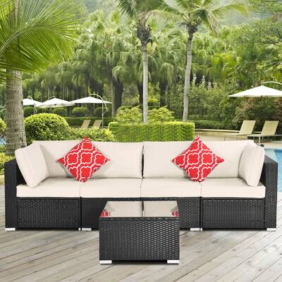 Outdoor Garden Patio Furniture 5-Piece PE Rattan Wicker Sectional Cushioned Sofa Sets with 2 Pillows and Coffee Table