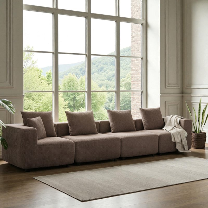 111" Modular Sectional Sofa with All-Foam Construction, Textured Upholstery and 6 Pillows, Low-Profile Couch for Living Room