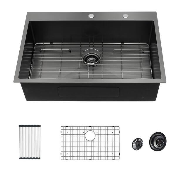 slide 2 of 7, 30x22 inch Kitchen Sink Drop In Gunmetal Matte Black 16 Gauge Stainless Steel Single Bowl Topmount Kitchen Sink Basin Black