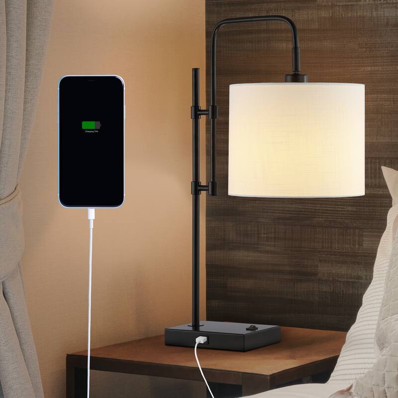 Eliza 24.75" Industrial Designer Metal LED Task Lamp with USB Charging Port, Black by JONATHAN Y