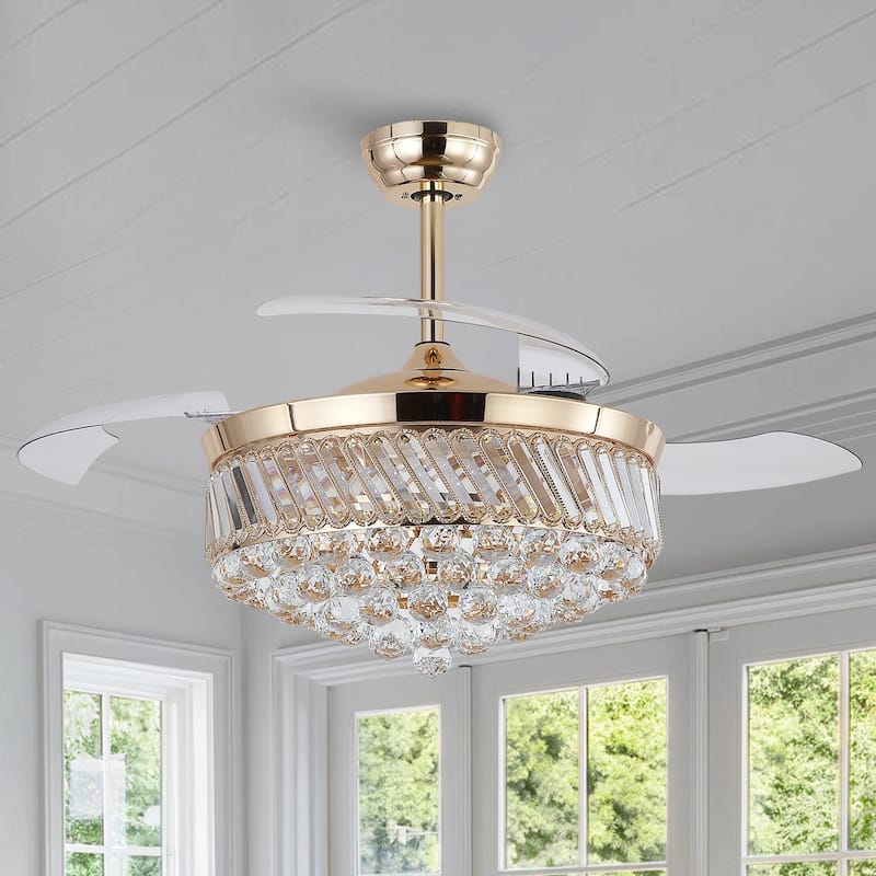 Kviflon 48" Crystal Fandelier Ceiling Fan with Light and Retractable Blades LED Dimmable for Bedroom Living Room - 48 Inches