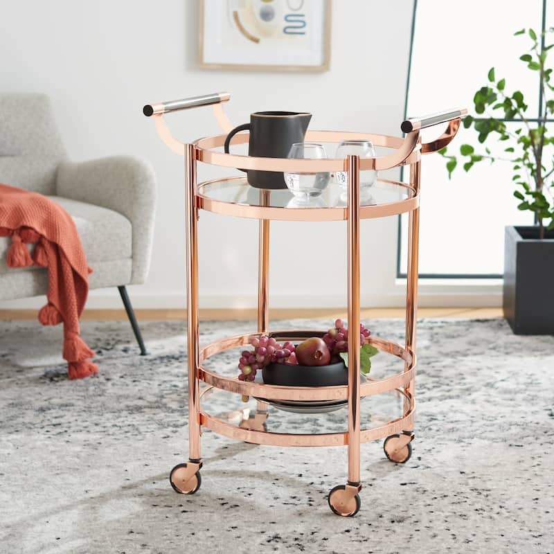 SAFAVIEH Sienna 2 Tier Round Bar Cart-Black Nickel / Glass. - 24" W x 20" D x 34" H