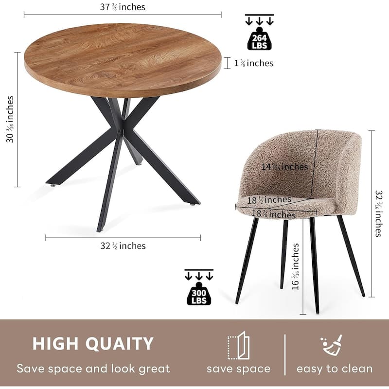 Howtai Round Dining Table Set with Fluffy Sherpa Arm Chairs Space Saving