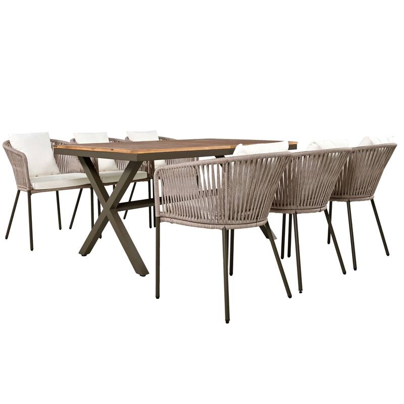 7 Pieces Patio Dining Set, All-Weather Outdoor Furniture Set with Acacia Wood Dining Table and Upholstered Chairs, Metal Frame