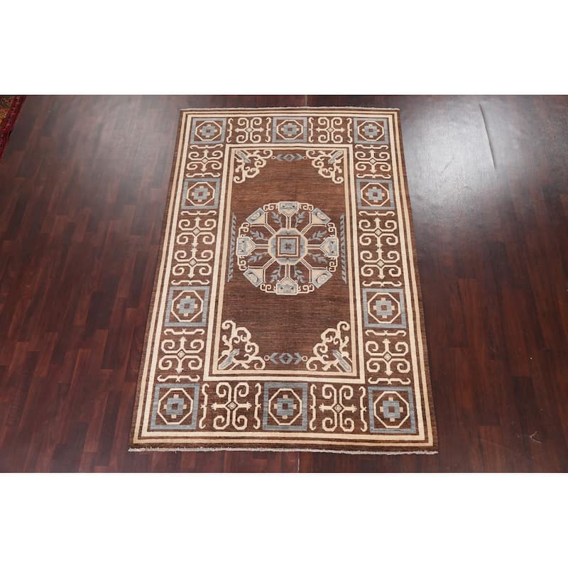 Brown Geometric Gabbeh Persian Wool Area Rug Handmade Office Carpet - 6'0" x 9'7"