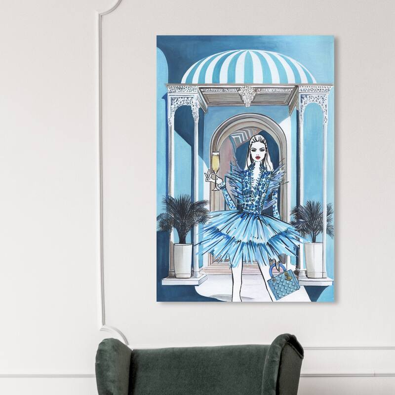 Wynwood Studio Fashion and Glam Girl in a blue dress Blue and Celeste Glam Wall Art Canvas Print - 45 x 30