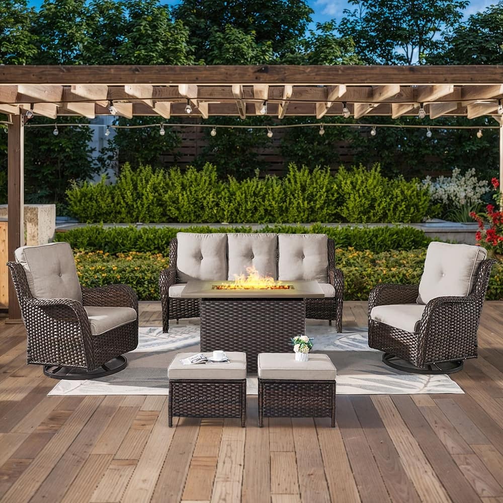 Gymojoy 6-Piece Outdoor Wicker Patio Furniture with Fire Pit Table, Rattan Coversation Set with Water Resistant Thick Cushions