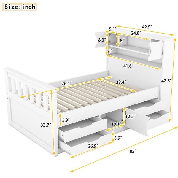 Twin Size Captain Platform Kids Bed Frame with Bookcase Headboard, Shelves, 4-Drawers & Removable Storage, Easy Assembly, White