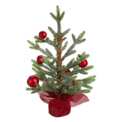 18" Potted Pine Red Ornaments Medium Artificial Christmas Tree – Unlit - 1.5 Foot