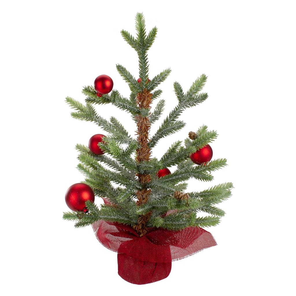 18" Potted Pine Red Ornaments Medium Artificial Christmas Tree – Unlit - 1.5 Foot