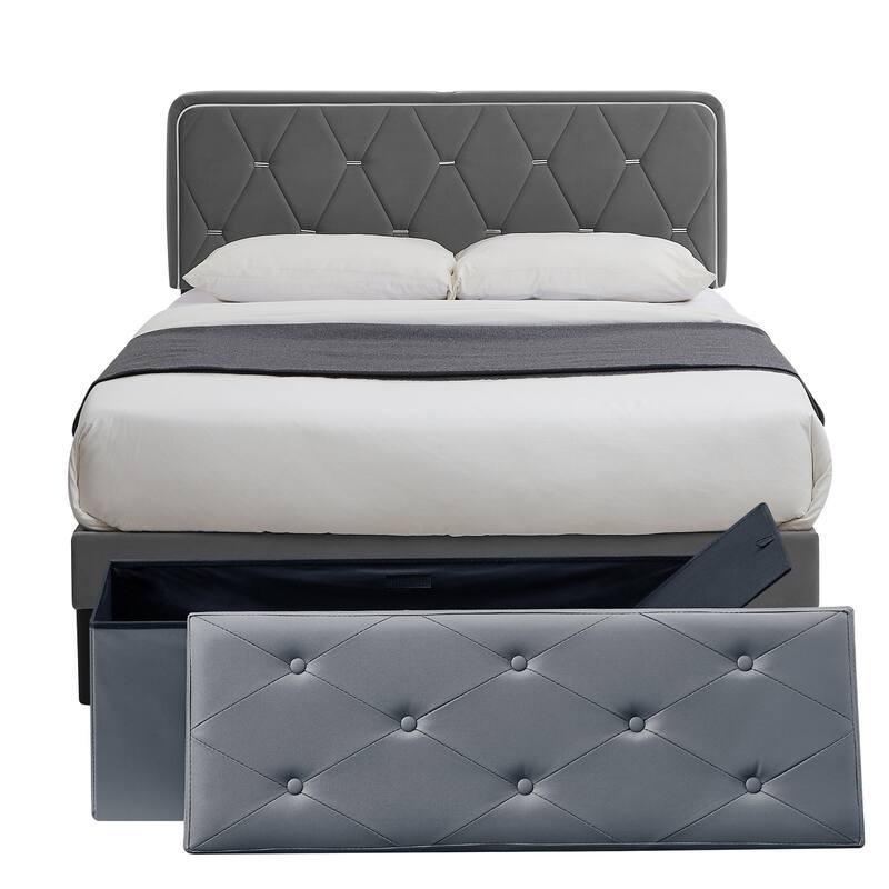 2 Pieces Bedroom Set Bed Frame with Ottoman Storage, Upholstered Platform Bed Frame and Ottoman Set