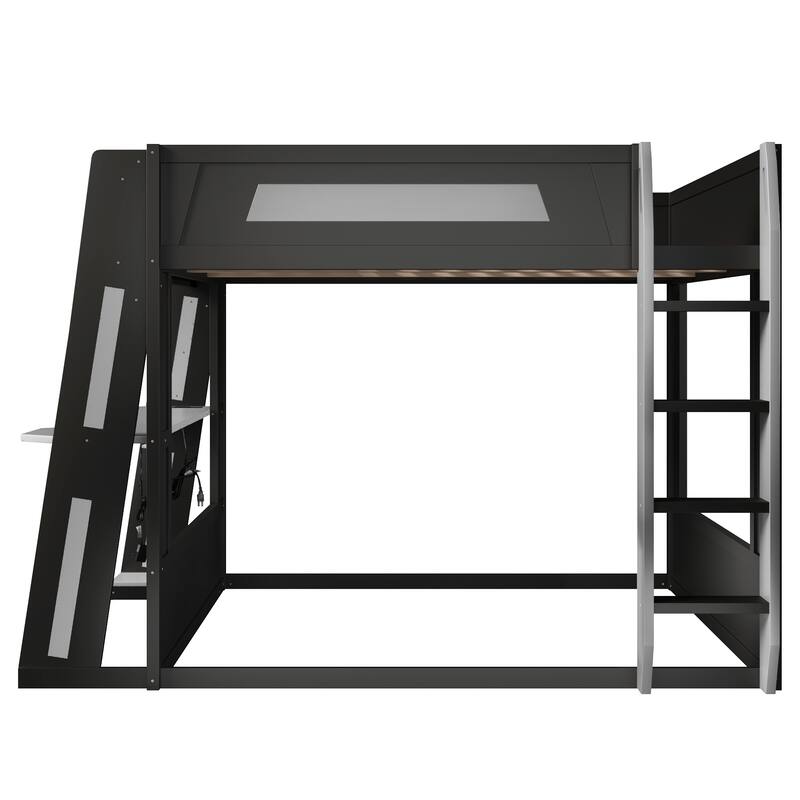 Gaming Bunk Bed with Computer Desk, Storage Shelves, USB Port and LED Strip Lighting, Esports Design, Wooden Gaming Bed