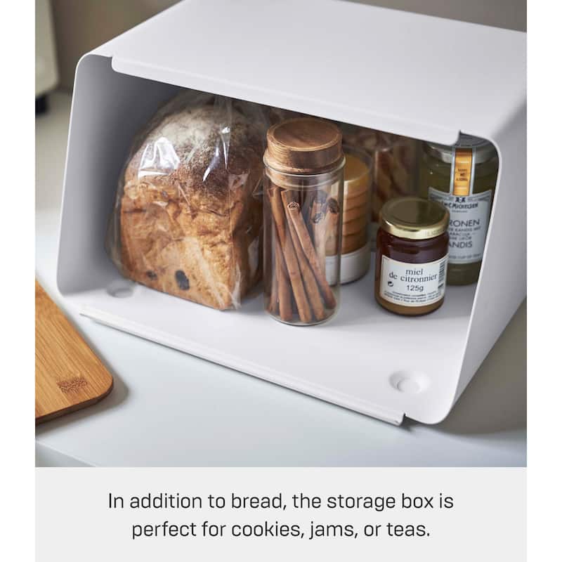 Yamazaki Home Bread Box with Cutting Board Lid, Steel and Wood, Lid - L 9.65 x W 12.4 x H 7.28 inches