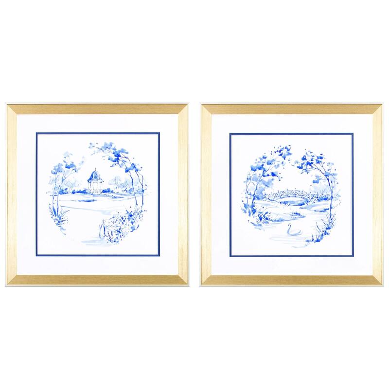 HomeRoots Set Of Two Blue Garden Impress B Gold Framed Wall Art