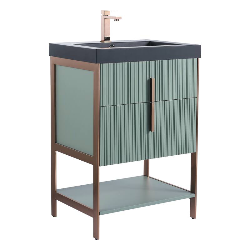 Fine Fixtures Serenity Modern Bathroom Vanity with Black Gel Acrylic Top - Mint Green - Brass Hardware - 24 inch