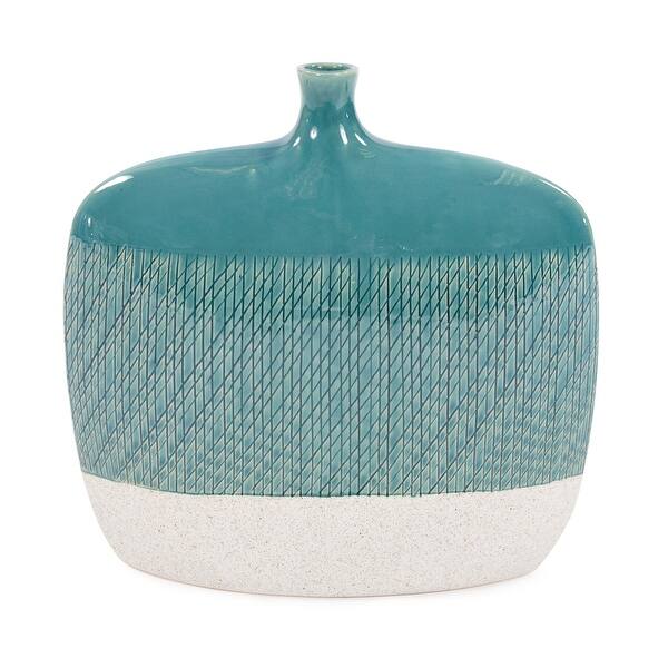 Cross Hatched Sea Blue Ceramic Flat Vase - 12H x 12W x 4D - Overstock ...