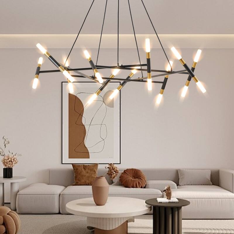 Modern Chandelier Light Fixture, Branch Design with Frosted Tubes, Black Cords, Adjustable Height Pendant Light for Dining Room