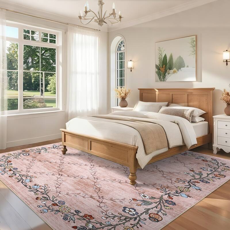 Floral Area Rugs for Living Room Low Pile Non Slip Rugs Washable Soft Foldable Accent Carpet Home Decor