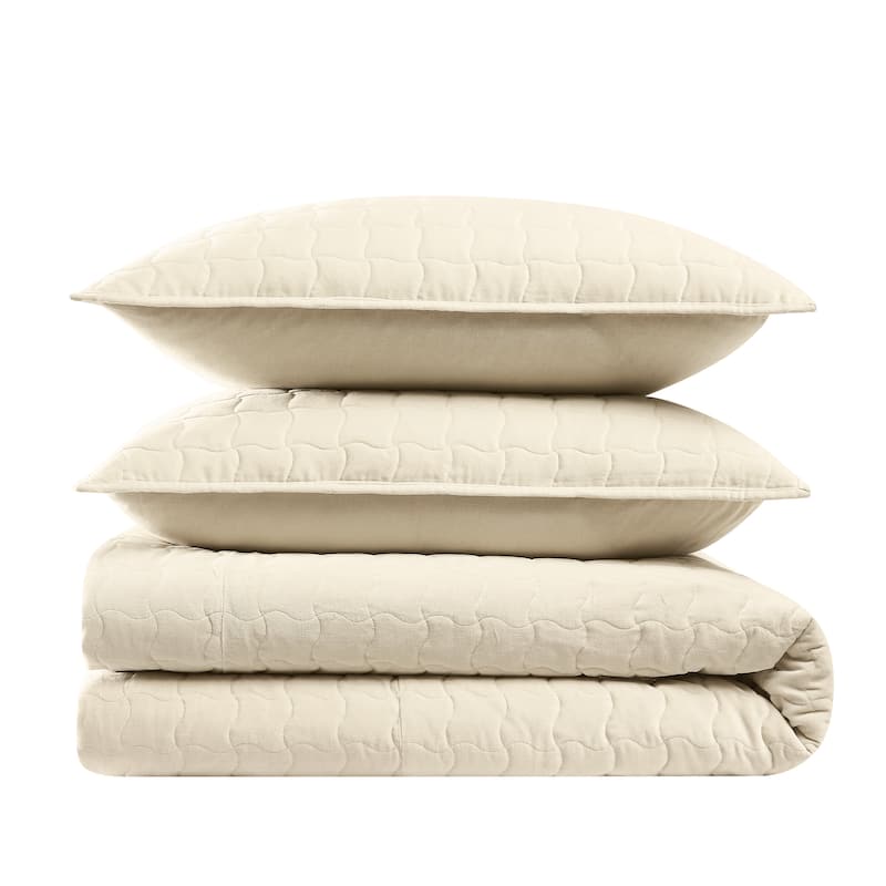 Brooklyn Loom Matte Cotton Velvet Wavy Square Quilt Set - King - Off-White - 3 Piece