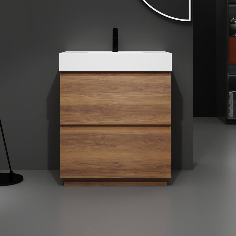 30 in. W x 18 in. D x 35 in. H Single Sink Freestanding Bath Vanity with White Resin Top - Brown