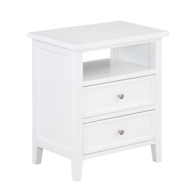 2- Drawer Nightstand with Nickel Knobs and Open Shelf Solid Wood Construction