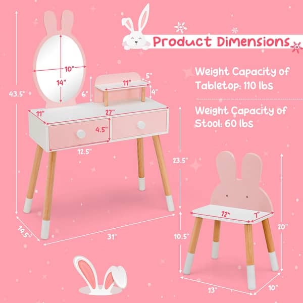 Gymax Kid Vanity Set Makeup Table Stool with Drawer Shelf Wood Leg