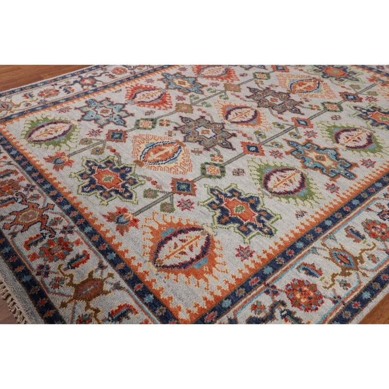 All-Over Geometric Oushak Indian Area Rug Hand-Knotted Wool Carpet - 7'9"x 9'10"