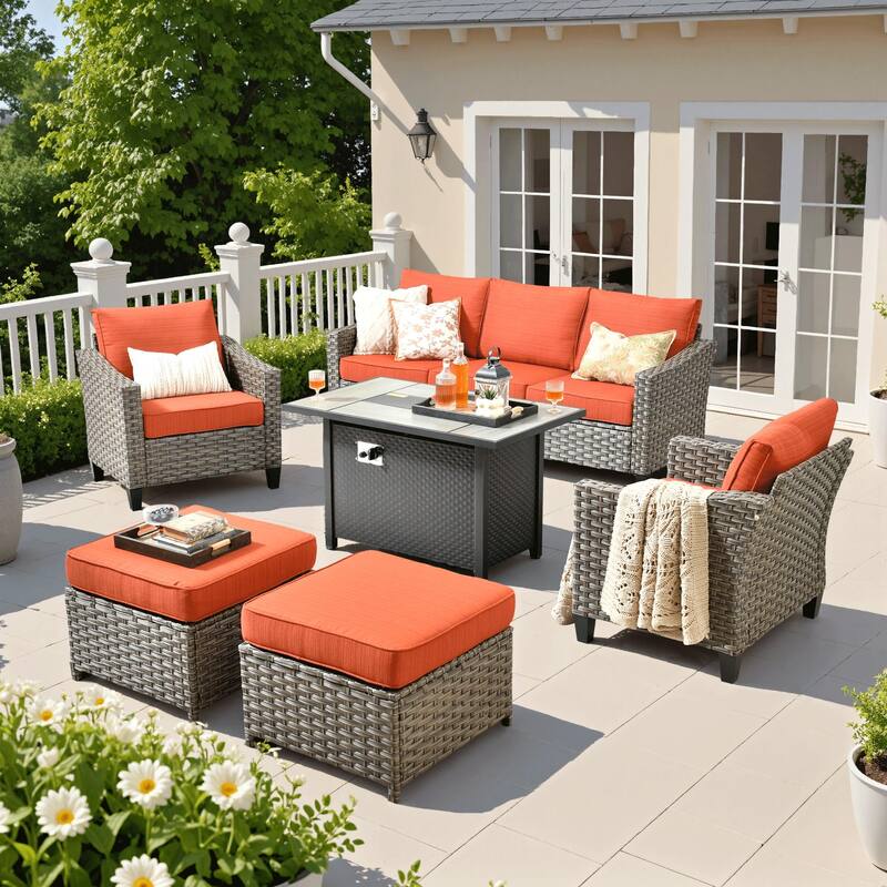 HOOOWOOO 6-piece Patio Furniture Wicker Conversation Set with Fire Pit Table - Red/Orange