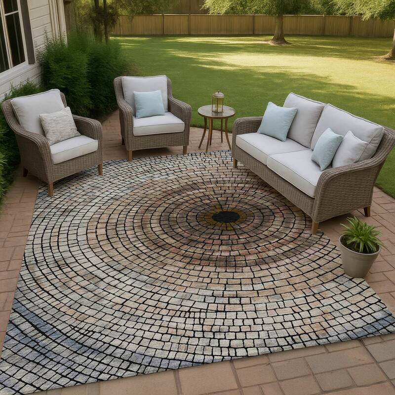 Machine Washable Indoor/ Outdoor Mosaic Rome Chantille Rug - Beige - 5' x 7'6"