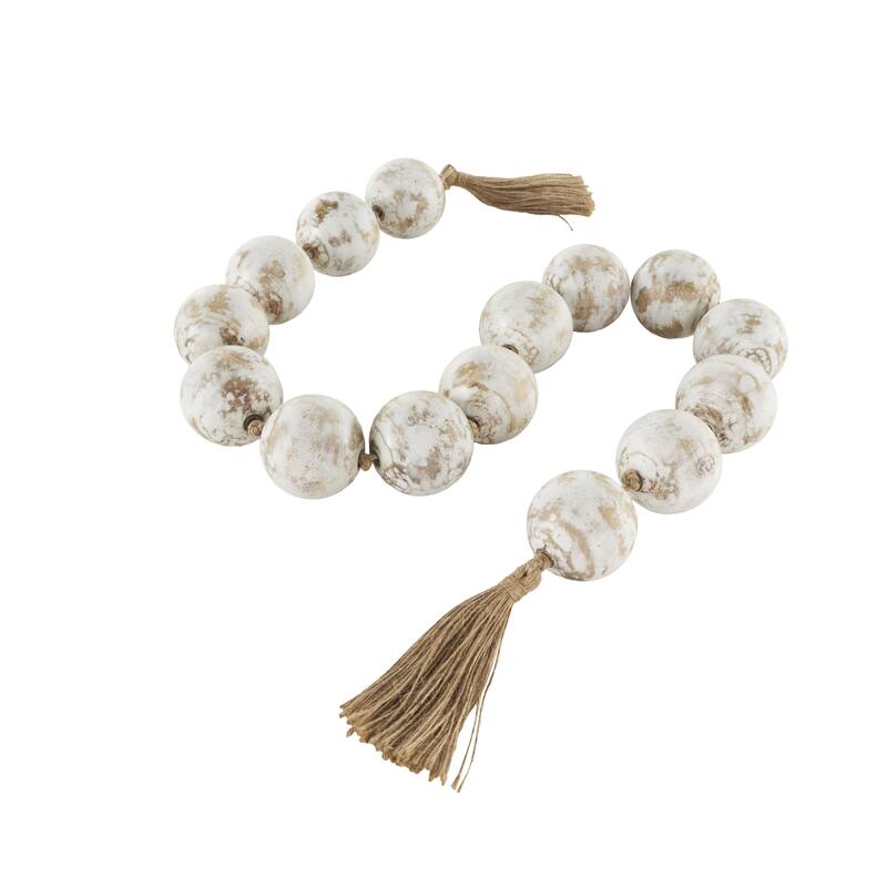 Mango Wood Handmade Round Extra Long Washed Orb Garland with Tassel - Brown, Black or White - Roche River Decor