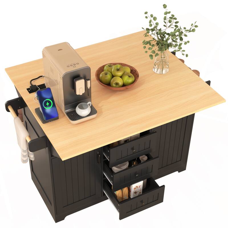 Rolling Kitchen Island with 2 Folding Drop Leaf, Wooden Cupboard Spice Storage Cabinet Pantry with Towel Rack and 3 Drawers
