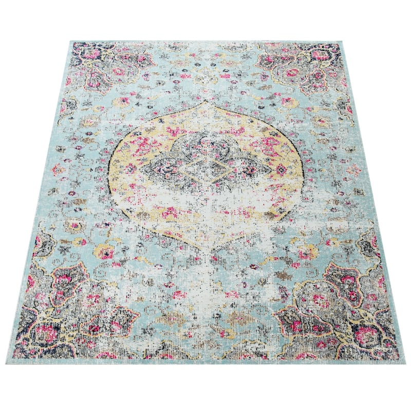 Indoor & Outdoor Rug Oriental Design in Turquoise Pink Yellow Pastel