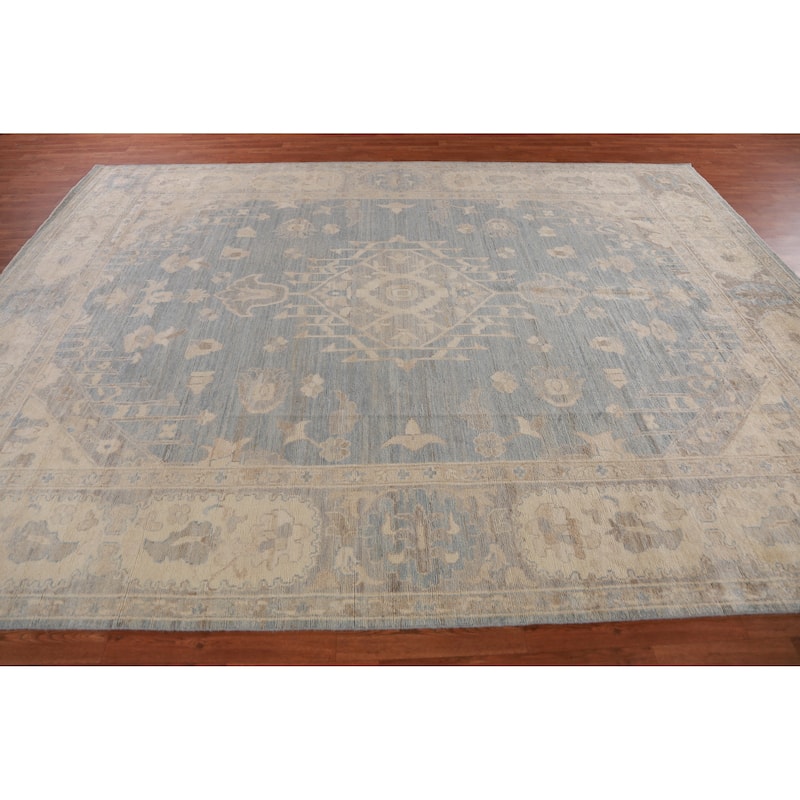 Hand Knotted Oriental 100% Wool Carpet Transitional Medallion Navy Blue & Blues Oushak Area Rug - 11' 10'' X 9' 0''