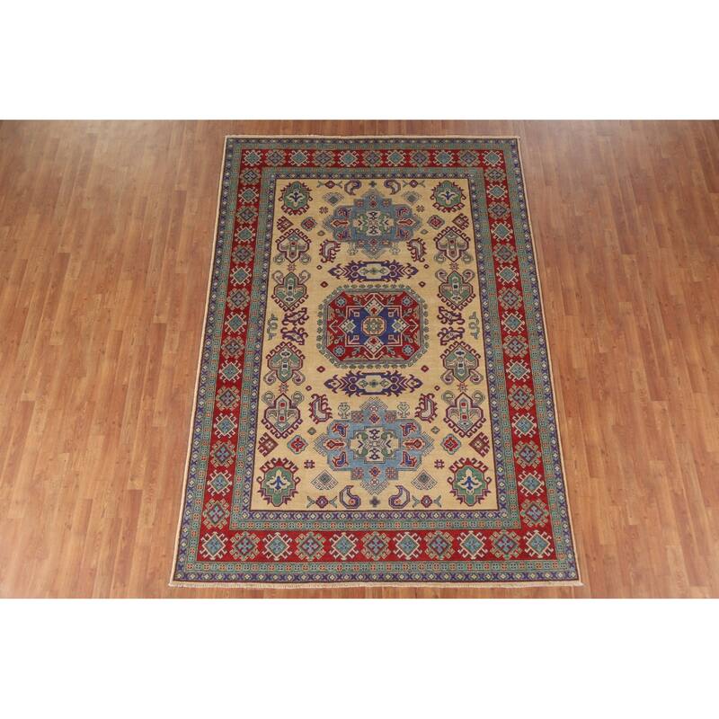 Hand Knotted Oriental 100% Wool Carpet Traditional Geometric Peach Kazak Area Rug - 9' 9'' X 6' 8''
