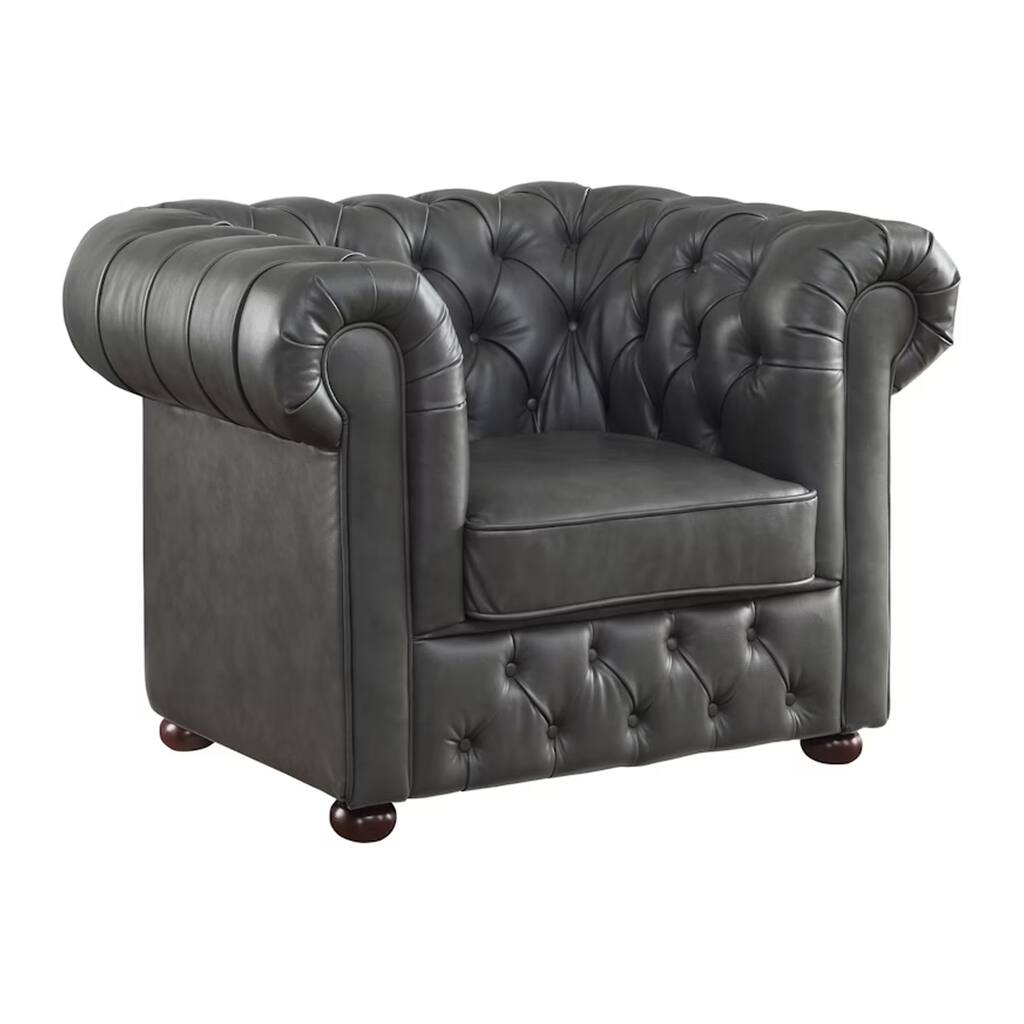 Ivey 37 Inch Accent Chair, Gray Faux Leather, Tufted, Chesterfield, Wood