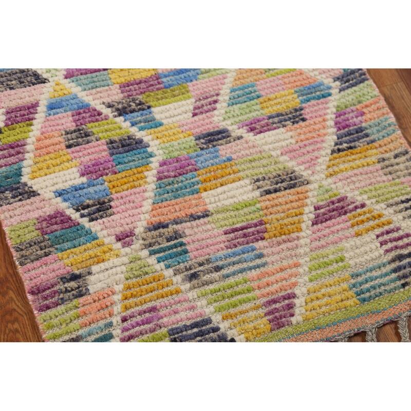 Trellis Striped Moroccan Oriental Runner Rug Handmade Wool Carpet - 2'4"x 12'9"