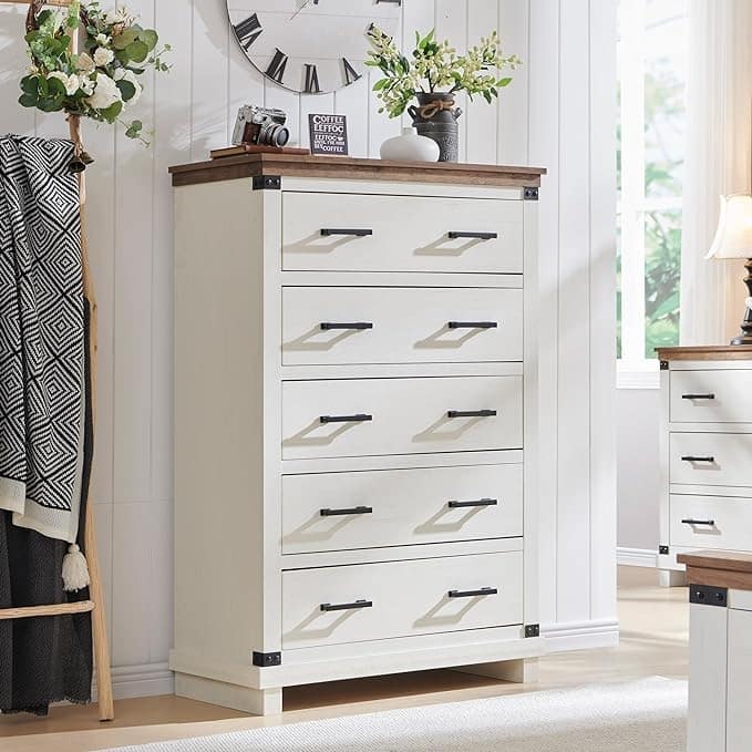Farmhouse 5 Drawers Dresser, Wood Chest of Drawers, Closet Dresser