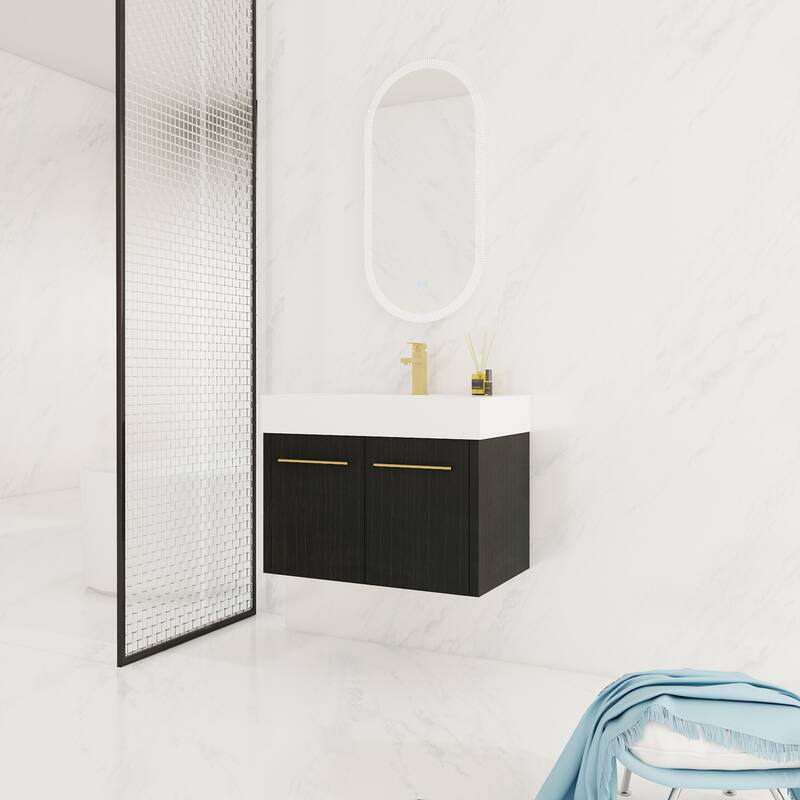 Contemporary Bathroom Vanity with Resin Sink, Soft Closing Hinges, Black Chestnut Finish - 29.5in L Plywood