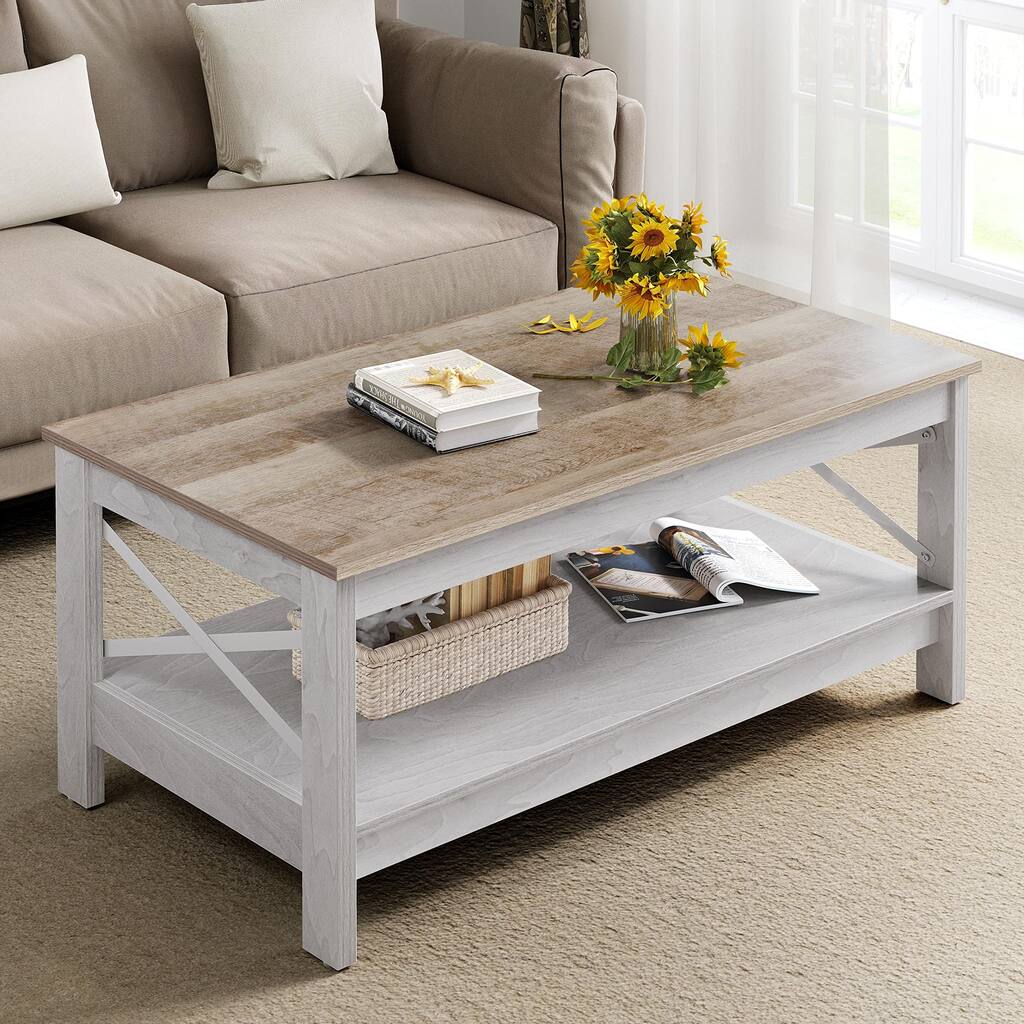 Coffee Table for Living Room,Modern Farmhouse Coffee Table with Storage,2-Tier Center Table Accent Cocktail with Sturdy Frame