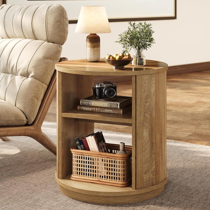 3-Tier Round End Table, Side Table with Storage Shelf, Farmhouse Nightstand Bedside Stand - 1pcs