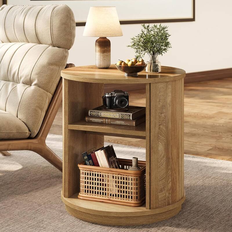 Modern Farmhouse 3-Tier Round Side End Table with Storage Shelves - 23.62" L × 23.62" W × 25.59" H - Light Brown-2 PCS