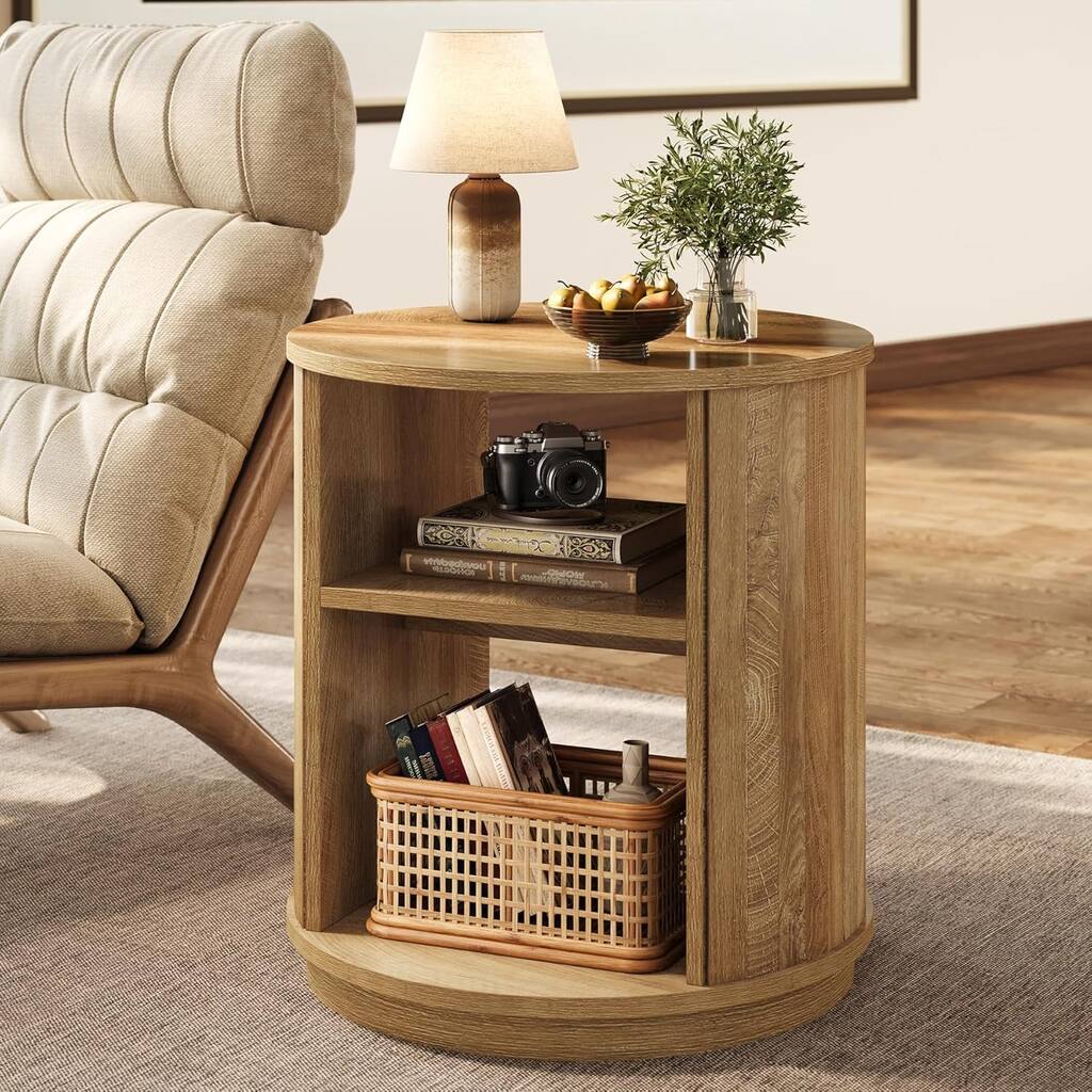 Modern Farmhouse 3-Tier Round Side End Table with Storage Shelves - 23.62" L × 23.62" W × 25.59" H
