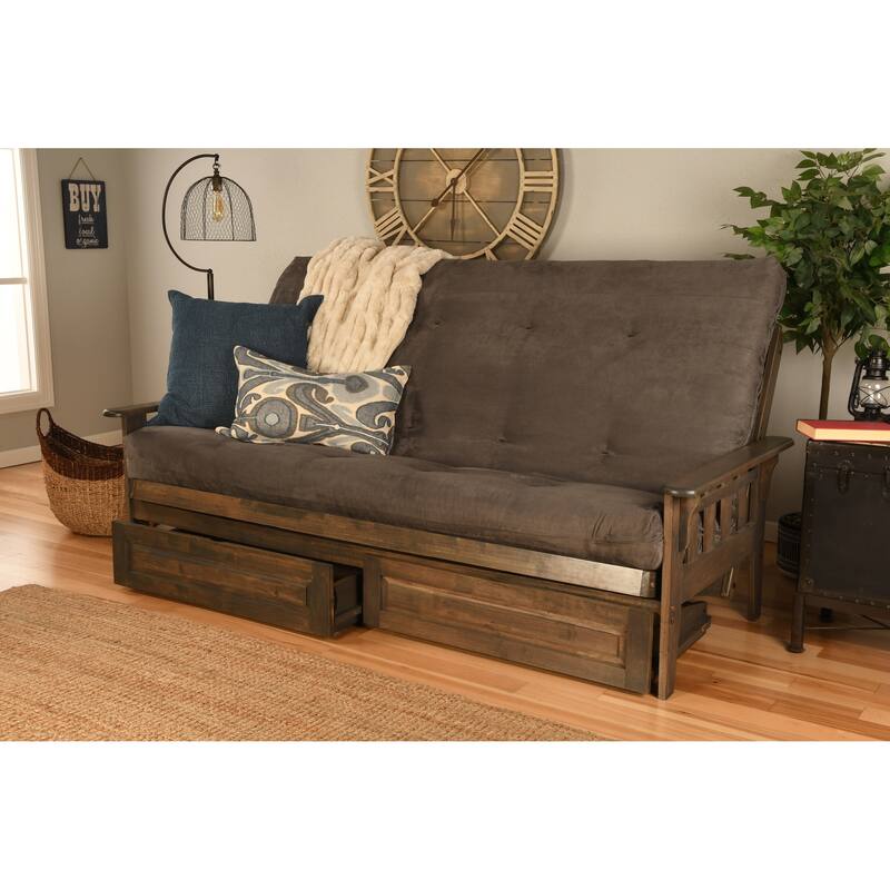 Somette Tucson Queen-size Futon Set with Storage Drawers in Rustic Walnut Finish with Innerspring Mattress - Suede Grey