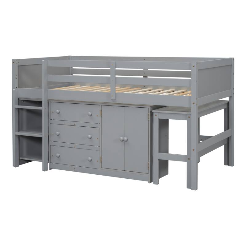 Twin Loft Bed with Pull-Out Desk, Drawers, Cabinet, and Shelves for Kids