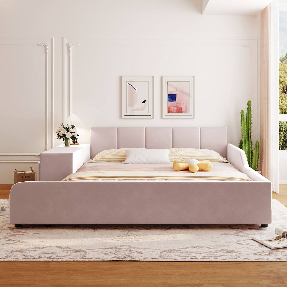 Queen/Full Mother & Child Bed with Bedside Desk, Velvet Upholstery & Round Stool